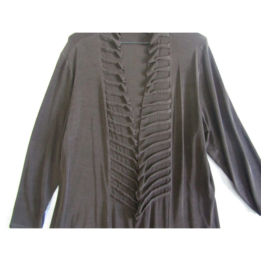 Travelers by Chico's Brown Ribbed Cardigan Duster Open Front Ruffle Neck Size 3 - Picture 3 of 9